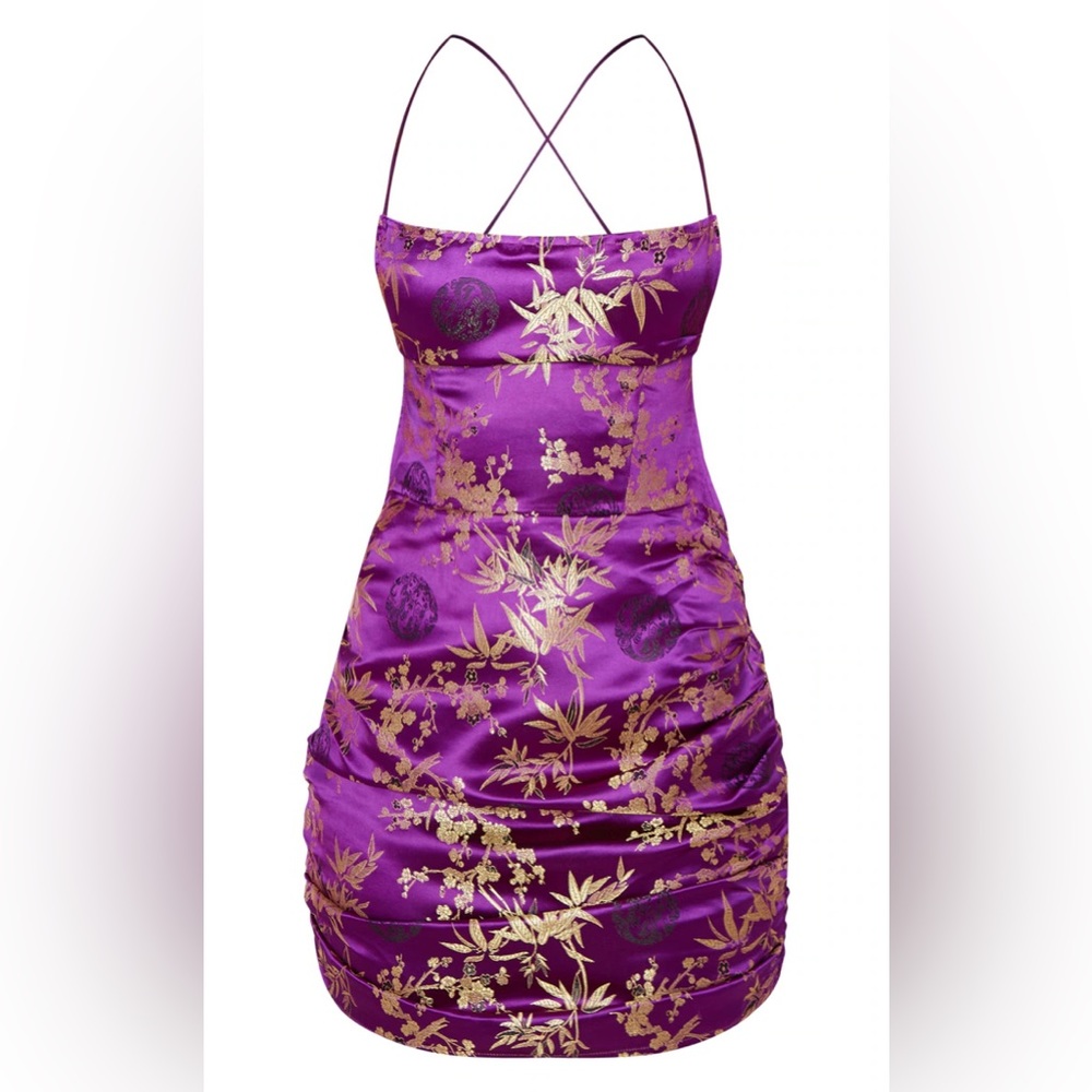 Purple Jacquard Floral Strappy Back Ruched Bodycon Dress